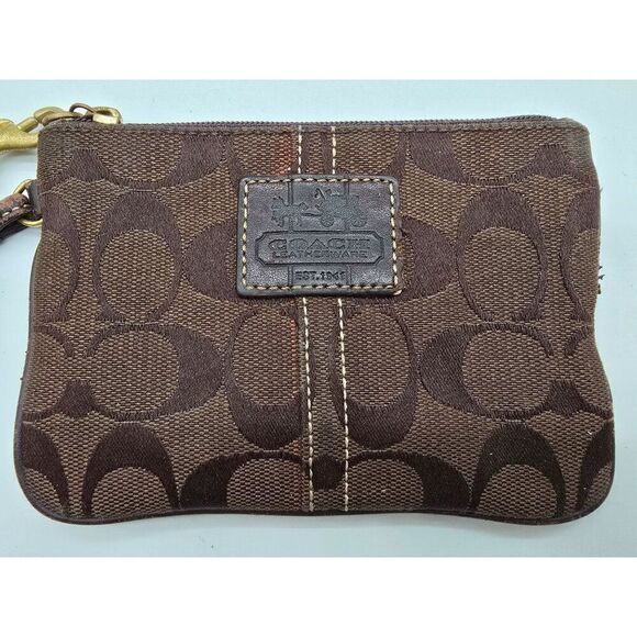 Coach Signature Wristlet Brown & Tan Canvas With Plaid Lining - Picture 3 of 5